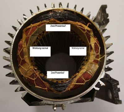 Das Bild zeigt: WICKLUNGSSCHADEN AM ELEKTROMOTOR ERKENNEN, hier einen 2 Phasenlauf an einer defekten Beispielwicklng