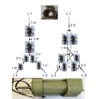 Bohrmaschine Dahlandermotor, eine mit 2 Drehzahlen, hier neu wickeln als Reparatur. Das gibt es öfters bei Ständerbohrmaschinen das ein 2/4 poliger Dahlandermotor drinnen ist. Bei älteren Maschinen ist halt das Problem das es keinen Ersatzmotor gibt. Also ... AQ Pluss Motoren nutzen für die Instandsetzung, es wäre doch schade so eine gute alte langgediente Bohrmaschine zu verschrotten. Hier im Bild die Schaltung oben die Wicklung unten der defekte Dahlandermotor.