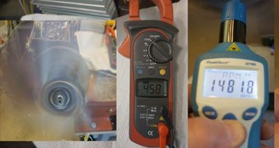 DC-Motor ohne Typenschild reparieren – so funktioniert die Datenermittlung nach Reparatur, im Bild Strom und Drehzahl am drehenden E Motor