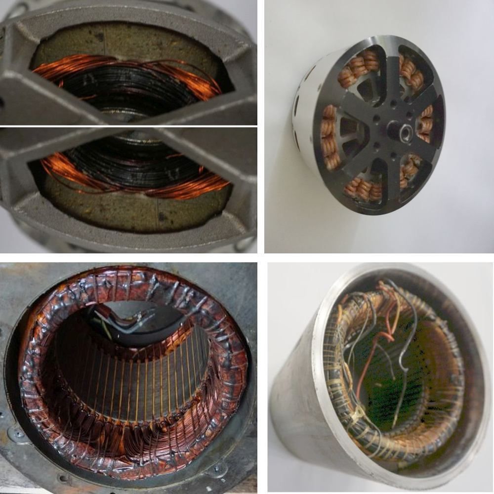 Elektromotor - Pressetext zu KI Überwachung, hier 4 Beispiele im Bild, einfach um eine KI Bild-Meinung fragen, 1) 2 Phasenlauf Schaden, 2) Drohnenmotor ohne erkennbaren Schaden (Wicklungsdurchschlag), 3) D Mot hohpolige Wicklung der Wickelkopf (leichte Überlastung), 4) Pumpenmotor Schaden unklar (ev. Windungsschluß).hen was KI sagt