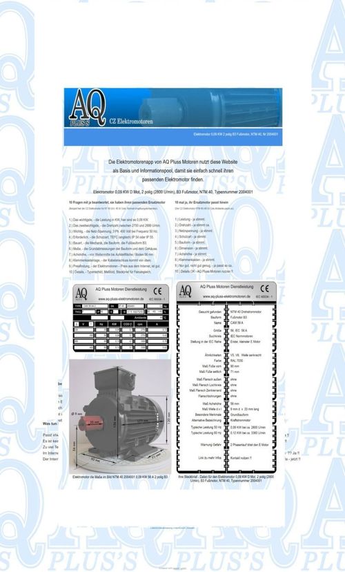 Elektromotor – als App mit Suchassistent zum Steckbrief, Maßbild und Minimaldaten, aus dem Vorgänger Suchassistent, im Bild die 10 Fragen zum defekten E Motor, ein Motorbild mit Maßen und ein Typenschild, alles ist unter dem AQ Pluss Logo (Banner) zu sehen.