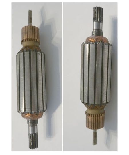 Elektromotor – Anker-Reparatur drei Wochen, dann schnurrt er wieder, im Bild hier 2 Anker Welle nach oben - Welle nach unten, mit Wicklung im Rotorblech (Anker)