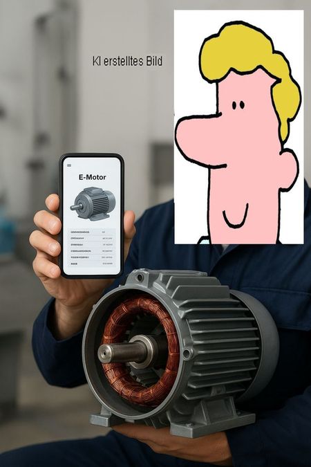 Elektromotor – die Elektronik weiß, wann er durchbrennt, bevor er es selbst weiß – IOT am defekten E Motor, im Bild ein offener E Motor (Stator) mit Wartungsmonteur und einem Handy mit Motorbild