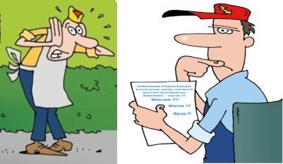 Elektromotor – ein kraftloser ohne Kraft von Hand anwurfbar mit nur leichtem Drehmoment (Kraft), im Bild 2 Personen (Cartoonfiguren) die es nicht wissen