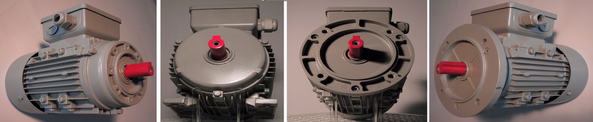 Elektromotor – Elektromotoren breite Vielfalt, zahlreichen Varianten, hier die Drehstrommotoren in den Bauformvarianten, wie eventuell auch schon bekannt, im Bild zu sehen: Links B14kl, dann zweiter von links B3, rechts B5, zweiter von rechts B14gr, die Grundbauformen, die anderen sind vernachlässigbar, hier zu ergänzen wären noch die Kombibauformen, also die Flansche mit an den Fußmotoren (B3 zweites Bild von links mit dem ersten mit dem Fllansch)