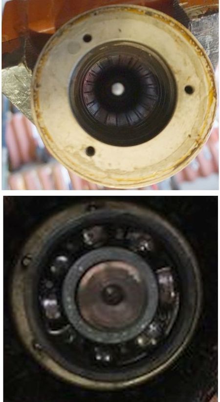 Elektromotor – Kugellager nass, Wasser geht überall hin, Kugellager können getrocknet werden und eu gefettet, ist aber riskant, im Bild oben Stator offen Wassereinwirkung, Bild unten Kugellager separat, das Kugellager ist ausgewaschen vom Wasser 