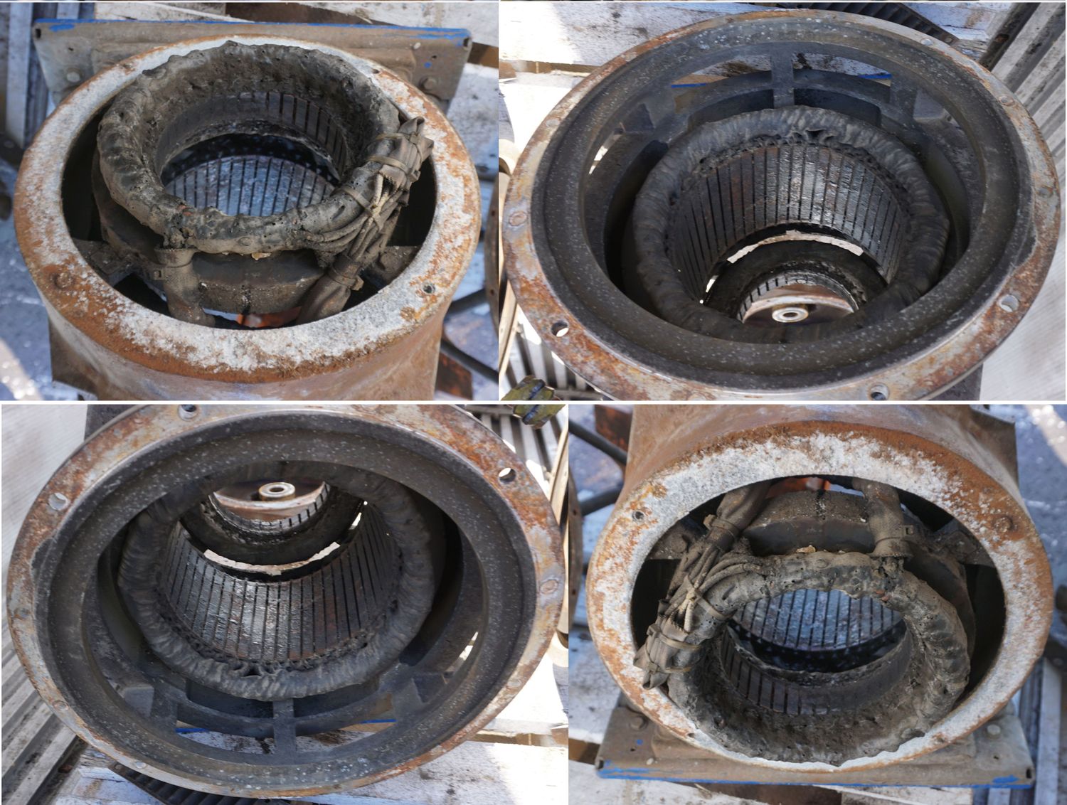 Elektromotor &ndash; mehr Leistung, Stator mit verbrannter Wicklung, E Motor Einsatzgebiet waren die Tropen, also viel zu hei&szlig; aussen und auch viel u hei&szlig; dann innen. Im Bild 4 Statoren zu shen, offene mit der Wicklung, den Wickelk&ouml;pfen. 