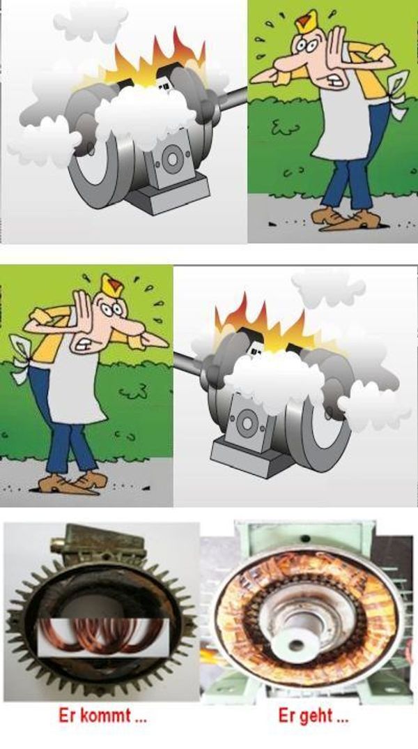 Elektromotor – warum Elektromotoren kaputt gehen, wenn sie lange lange gelaufen sind, im Bild dazu zu sehen: Elektromotoren-Cartoon Mann erschrickt ... oh je - oh je der Motor steht in Flammen, ganz unten der E Motor ist offen, die Wicklung wie sie verbrannt zu AQ Pluss komt und rechts wie sie repariert wieder ""geht"".