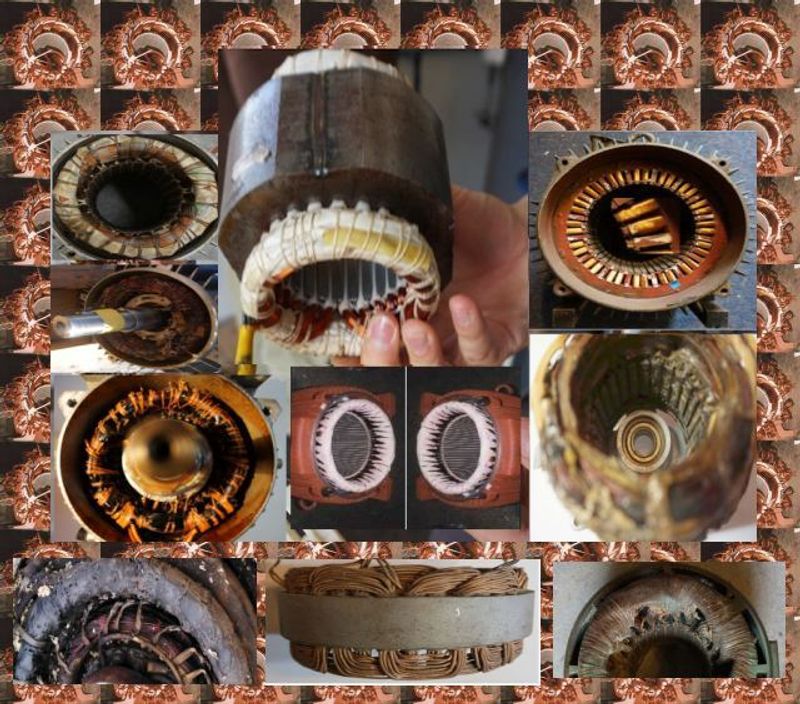 Elektromotor &ndash; wenn die Stricke rei&szlig;en, "Stricke" sind die Wickelkopfbandagen gemeint,   eine Collage von ... Bandage zerissen  4 kleine Bilder der Wickelk&ouml;pfe, und im Vergleich neue Bandagen  angelegt 3 Bilder (und Zentralbild Hand mit Statorpaket), 2 Bilder ohne Bandagierung ... noch.
