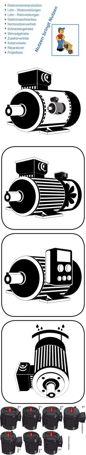 Elektromotor – worum geht es eigentlich wenn ein Antrieb plötzlich ausfällt und die Maschine steht ?? Im Bild dazu eine Icon Liste senkrecht über verschiedene Modelle, darüber ein Auszug von AQ Pluss Leistunen mit Botenbild.