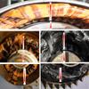 Elektromotor 62) Elektromotor-Glossar-Blog Induktionsmotor. 1 + 4 Beispiele für den engen Luftspalt zwischen Stator (Statorzähne) und Rotor (Rotorbleche). Der Abstand wichtig für die Luftspaltinduktion die teilweise für Regelungsaufgaben herangezogen wird. Ein Hinweis an die Schlosser ect. keinen Materialabtrag an den Rotorblechen ... Finger weg mit Feile oder Schmirgelleine, nur säubern erlaubt, ein Elektriker sollte so etwas wissen. Kernsatz: Keinerlei Material vom Rotorblech entfernen - der E Motor nimmt das sehr übel. !! Im Bild dazu 1 oberer großer Ausschnitt vom Luftspalt, drunter 4 kleinere Bilder Ausschnitte vom Luftspalt, schlecht erkennbar weil er nur im Millimeter Zehntelbereich liegt.