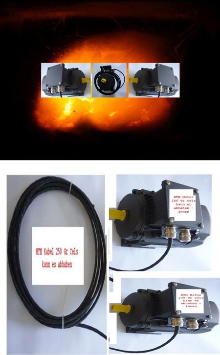 Elektromotor als HTM 120 Ausführung (im Bild HTM mit Anschlußkabel 2 Größen D Mot) - eine 120 Gr. Cels. Ausführung für heiße Umgebung, Teilbild oben, HTM E Motor im Feuer, als Synonym für heiß