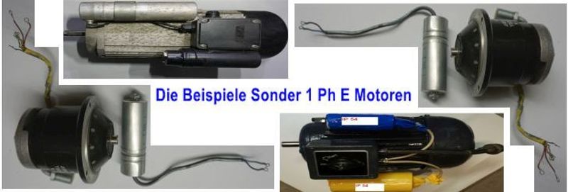 Elektromotor dem Privatbereich zugeordnet, hier das Beispiel nicht ersetzbarer (im Bild) 3 Sonmdermotoren, Kondensatormotoren f&uuml;r 1 Ph. Netz - Lichtstromnetz 230 V 50 Hz Netz, oben mitte S&auml;geflachmotor, rechts und links 1 Ph Dahlandermotor, unten mitte Schweranlaufmotor &uuml;ber Schalter.