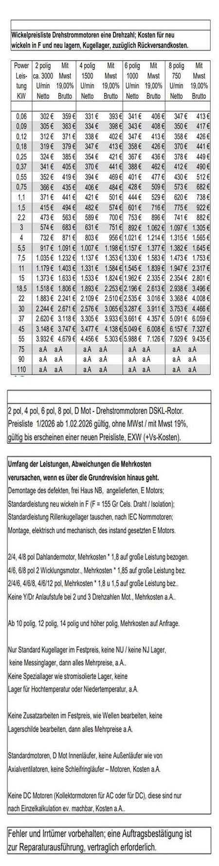 Elektromotor dem Privatbereich zugeordnet, (im Bild 2 Teile),  WickelPreisliste 1-2026 oben Preise und unten Optionen, Tabellendarstellung nach Leistung und polig (Drehzahlen).