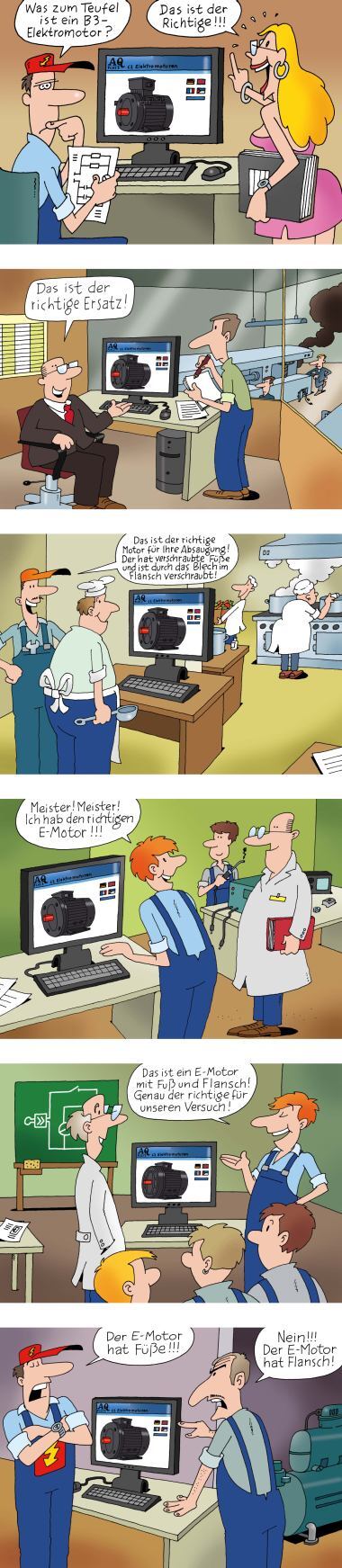Elektromotor Glossar Blog, die 99 + 1 wichtigsten Begriffe vom Drehstrommotor, hier die Elektromotoren Cartoons dazu:  Oben Elektriker Cartoon weis nichts vom B3 E Motor, nächstes Bild Chef weis das ist der richtige Ersatzmotor, nächstes Bild Koch will wissen ob das der richtige E Motor ist, nächstes Bild Lehrling hat den richtigen E Motor, nächstes Bild Lehrling weis was Fuß / Flansch ist, letztes Bild Elektriker und Mechaniker streiten welcher richtig ist. 