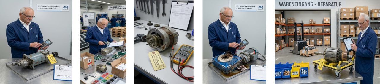 Elektromotor im Fokus, Person im Meisterkittel (Freigabe erteilt) macht Wareneingangsbearbeitung von Elektromotoren Instandsetzung bei AQ Plss Motoren. Im Bild links DC Motor eingehend, D Mot eingehend Bild 2, 1 Ph Mot eingehend Bild 3, Getriebemiotor eingehend Bild 4 und DC Anker eingehend Bild 5, alle von links. Blder von AQ Pluss als basis, mit KI nachbearbeitet.