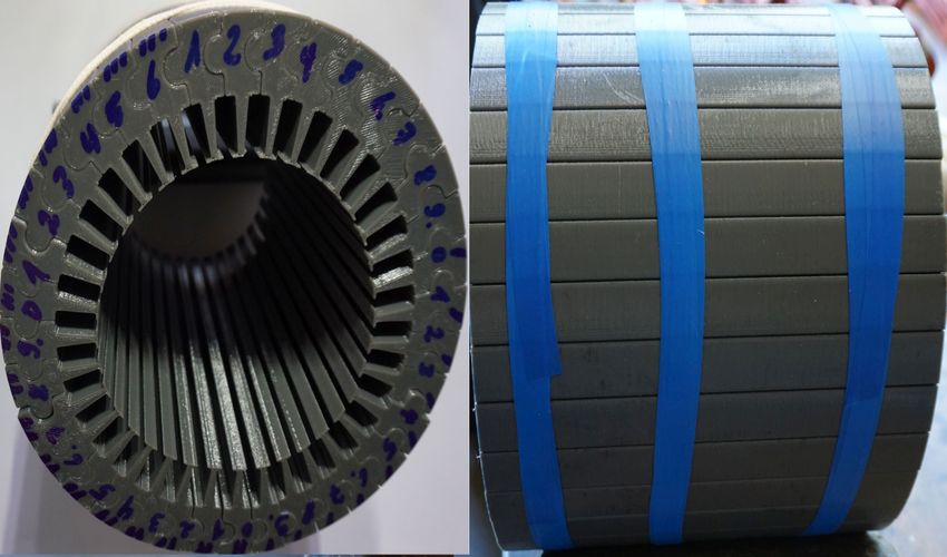 Elektromotor Messemodell aus dem 3D-Drucker, im Bild der Stator aus den Kunststoffsegmenten zusammen gesetzt