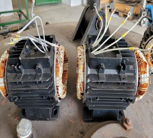 Elektromotor mit dreifacher Leistung, warum Drehmoment und Drehzahl entscheiden, im Bild 2 Statoren  als Praxisbeispiel, Umwicklung in 240 Gr Cels S Isol Kl.