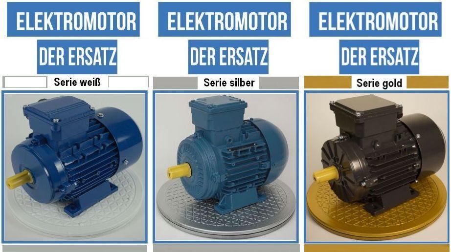 Elektromotor mit Gold oder Silber innen - aussen Elektromotor Serie Weiß Silber Gold, im Bild die 3 Auswahlmotoren auf dem jeweiligen Untergrund, Tablett weiss silber gold