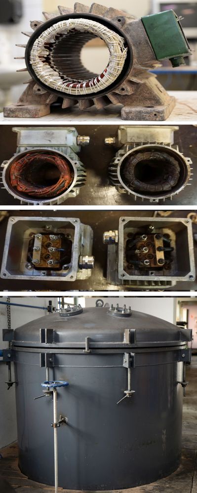 Elektromotor Reparatur und Konformität warum Normen - vieles hängt später davon ab, im Bild: Links Stator mit neuer Wicklung, Wickelkopf stark bandagiert, 2 Statoren offen - links nichtmehr durchgebrannt Wicklung erneuert, rechts noch durchgebrannt, unten Vacuumbehälter für Harztränkung der Kupferwicklungen.