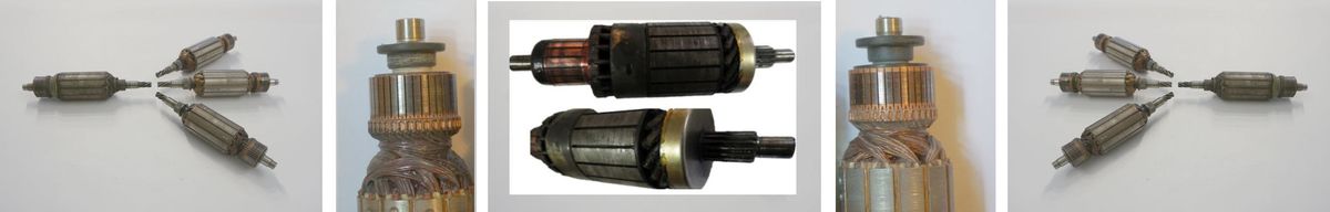 Elektromotor Reparaturdauer, Servicegrade und Lieferzeiten im Überblick, hier die Kollektormotoren nur im Servicegrad 3 machbar, die Anker neu wickeln, der Ersatzkollektor braucht mindestens 2 Wochen davon ... leider. Im Bild: links 3 AC Anker, im Bild rechts 3 AC Anker, zweites von links Kollektor am Anker, zweites von rechts Kollektor am Anker, mittig 2 grob gewickelte DC Anker aus einem alten Traktor.
