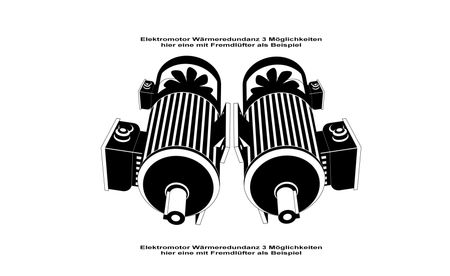 Elektromotor Wärmeredundanz – wenn es komplexer wird, 2 D Motoren als Icon, paralell nebeneinander liegend / stehend, mit Wellenstummel nach vorne raus, schwarz weiße Zeichnung.