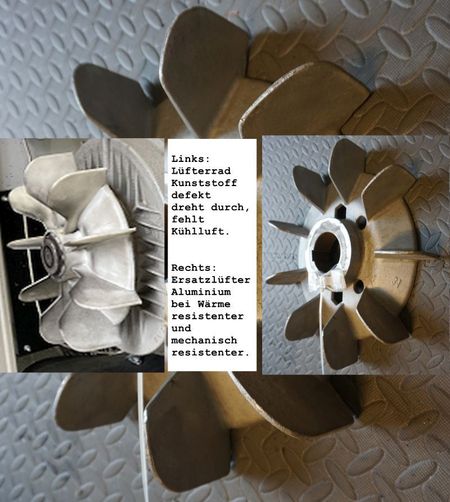 Elektromotor Warnung Fehlt Strom oder Kühlluft ... dann Motorschäden drohen, im Bild Beispiel defektes Ventilatorrad PVC, alternativ Ersatzlüfterrad Alu