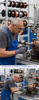 Elektromotoren Glossar Blog, der Mann im Blauman, Bild Person (Freigabe Person zur Veröffentlichung legt vor),  in Arbeitshose an Wickelmaschine, wickelt einen Anker, Bild oben und Bild unten.