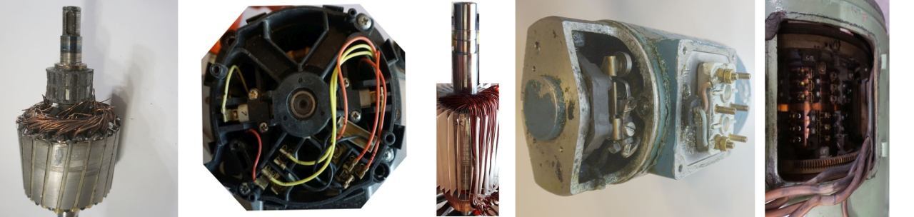 Elektromotoren Glossar Blog, Artikel der Mann im Blaumann, Bild Person (frei gegeben) in Arbeitshose an Wickelmaschine, hier die Vorlagen dafür an Beispielen links kleiner Anker schwer gefetzt, zweiter Rückseite Bürstenhalterung, rechts Bürsten im Gehäuseausschnitt, zweiter von rechts Anker noch im Gehäuse, Bild mittig ein DC Anker für die verstellung Blätter bei Windkraftanlagen.