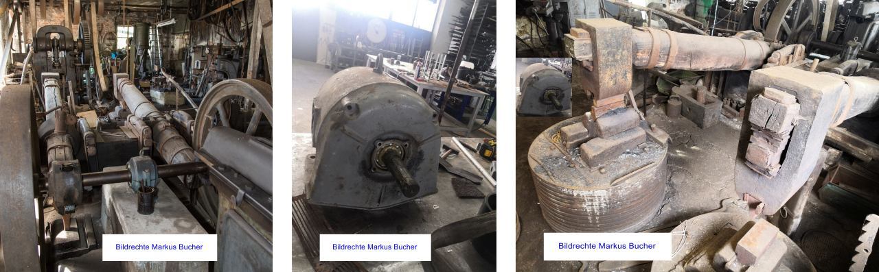 Elektromotoren Glossar Blog, ein Doppelk&auml;figl&auml;ufer in sehr altem Hammerwek, Kupplung &uuml;ber Transmissionswelle Flachriemen, als IP 23, mit 4 KW, ein 8 pol D Mot, im Bild links Drehmoment&uuml;bertragung, Bild mitte Doppelstabrotor DSKL, rechtes Bild beide "H&auml;mmer" f&uuml;r Metallverformung. Mit freundlicher Genehmigung von Markus Buchner (Bildrechte).