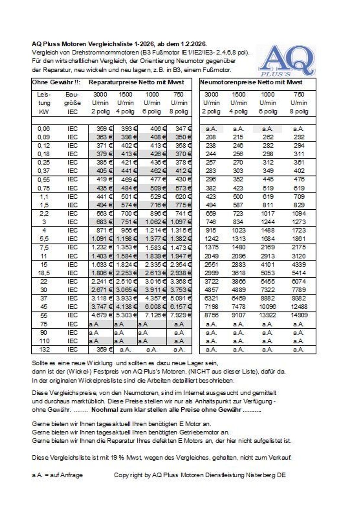 Elektromotorreparatur kommt wieder, Elektromotorreparatur lohnt sich wieder, der einfache Vergleich - hier die Zahlen !! Im Bild die Vergleichsliste 1-2026 Drerhstrommotoren, 2 pol, 4 pol, 6 pol, 8 pol, Neumotoren gegen&uuml;ber der Instandsetzung, ebenfals die 2, 4, 6, 8 poligen dazuz, alle Gegen&uuml;berstellungen nach Leistung in KW zeilenweise aufgef&uuml;hrt.