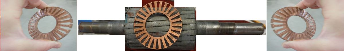 Hochfrequenz-Elektromotoren HF bis 400 Hz AQ Pluss Motoren Rotor mit CU Kurzschlussring aus der Versuchsreihe HF Motoren. Links im Bild Kurzschlu&szlig;ring Kupfer mit Steckprofil, mittig Rotor ohne K&auml;gig - noch, rechtes Bild Kurzschlu&szlig;ring Kupfer f&uuml;r Steckprofile aus Kupfer.