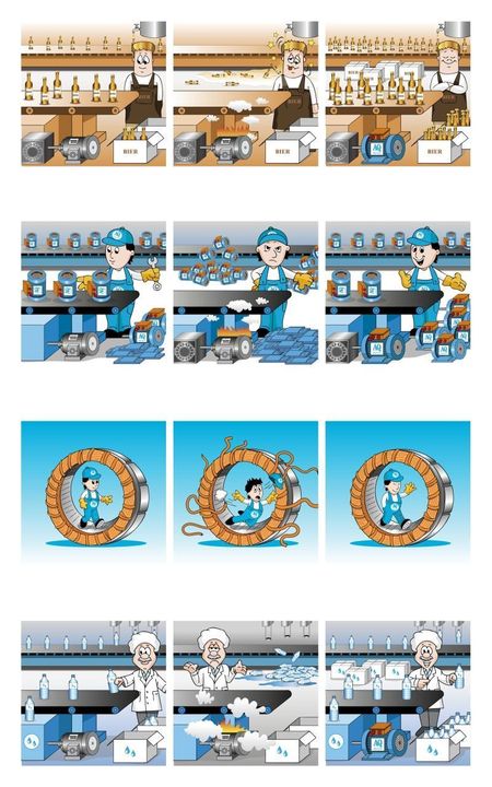 Paketversand – es staut sich, im Bild 3 x 3 Strips mit Förderbändern - Bierflaschen, E Motoren, Statorringe, Wasserflaschen, jeweils Bild 1 gut - funktioniert, Bild 2 Motorcrash Band steht, Bild 3 alles gut es geht wieder - es geht jetzt sogar besser ... AQ Pluss nutzen !!