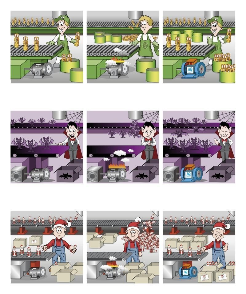 Paketversand – es staut sich, im Bild 3 analoge Förderbänder, zu den Paketbändern, die zeitbezogen sind, es wären: Ostern Schokoladehasen, Halloween Vampirfiguren, Weihnachten Schokoladennikoläuse, halt zeitbezogene Förderbänder in 3er Bildsequenzen dargestellt.